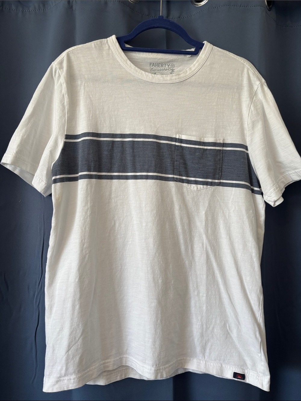 Faherty White Tee with Navy Chest Band and Pocket